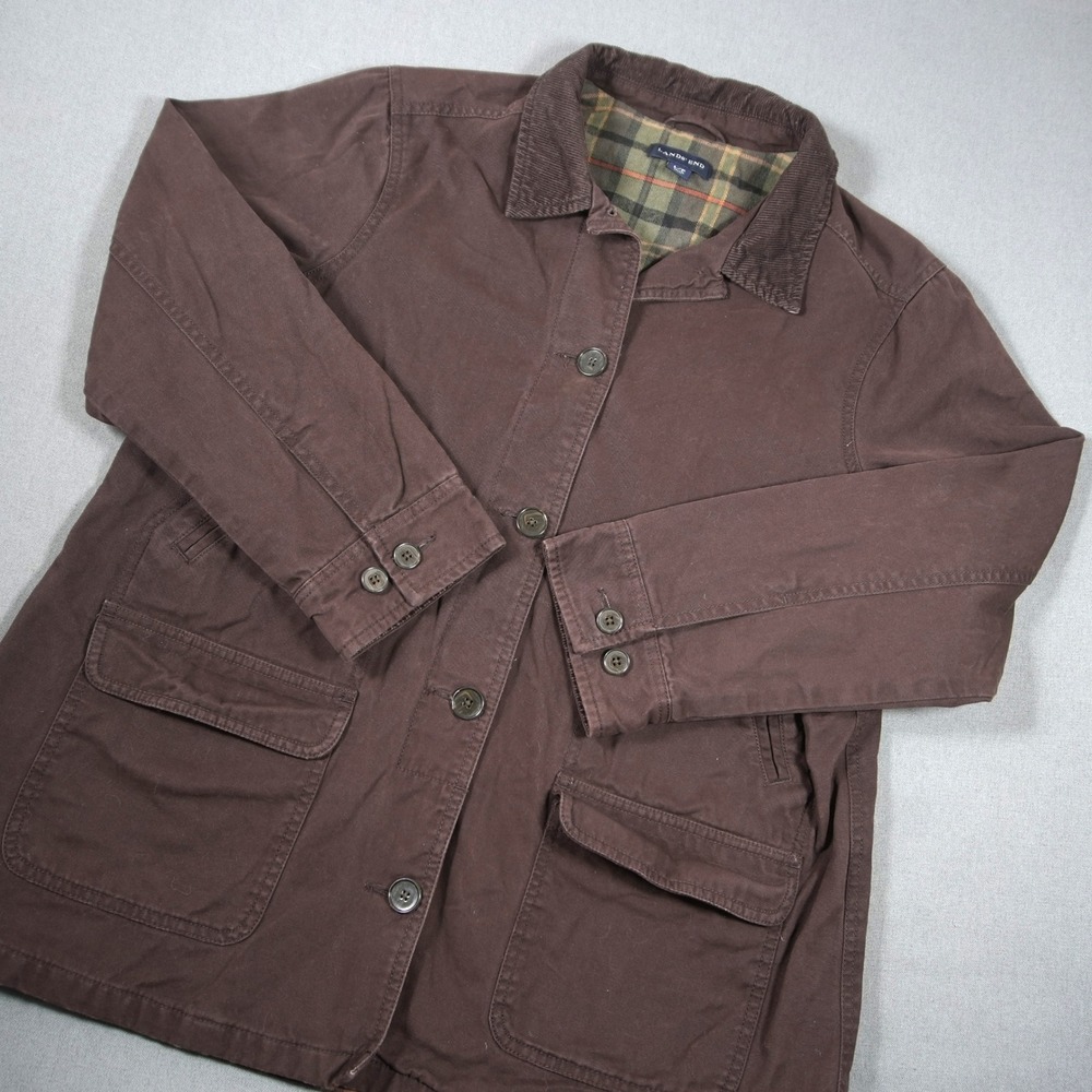 VTG Lands' End Plaid Lined Corduroy Collar Canvas Women Field Barn Jacket L Work